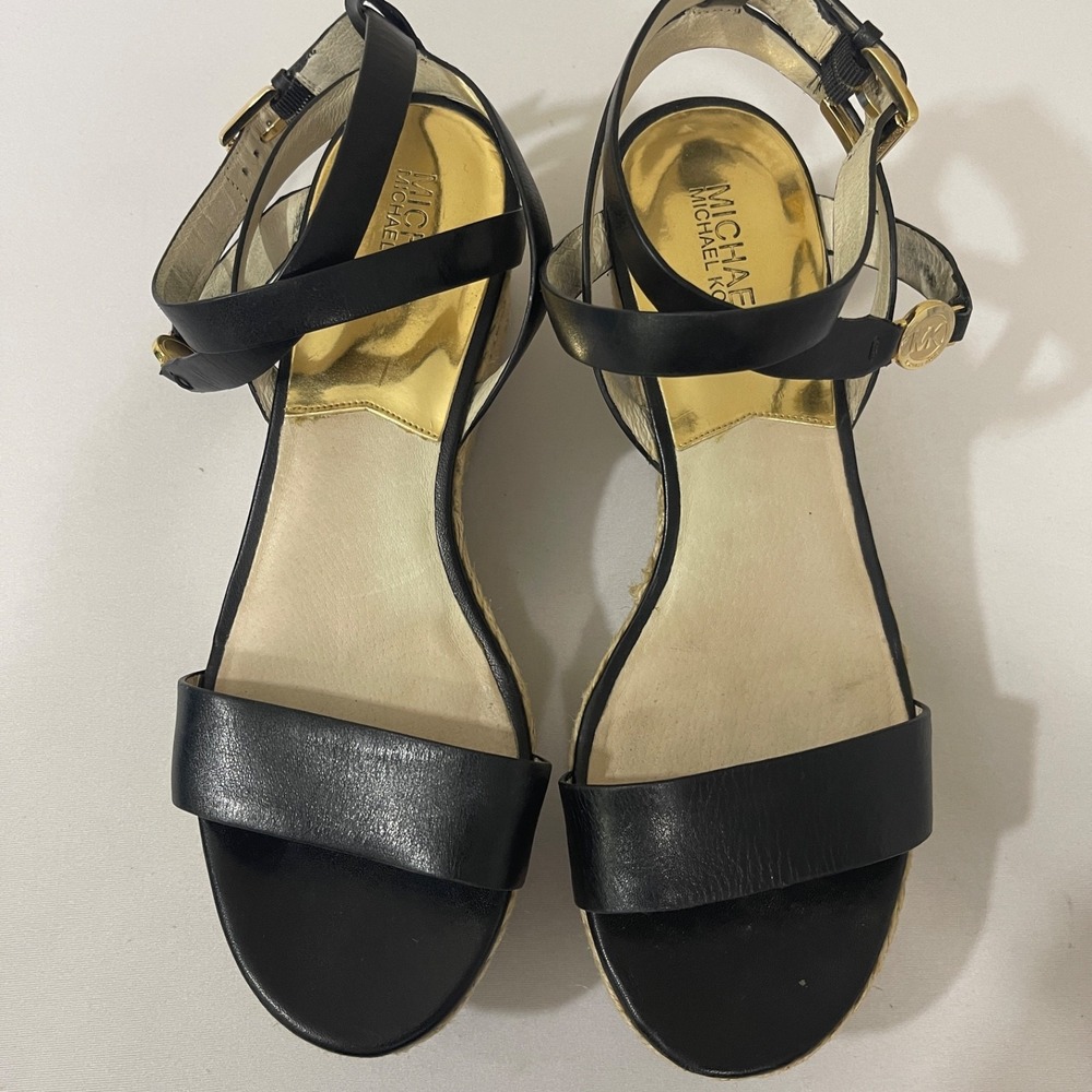 Michael Kors Sandals Womens 8.5M Jalita Black Leather Strappy Platform Wedge - Picture 9 of 11